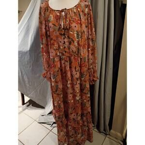 Kate And Sam Maxi Dress Orange Floral Sheer Back And Sleeves Sz XXL Feminine...